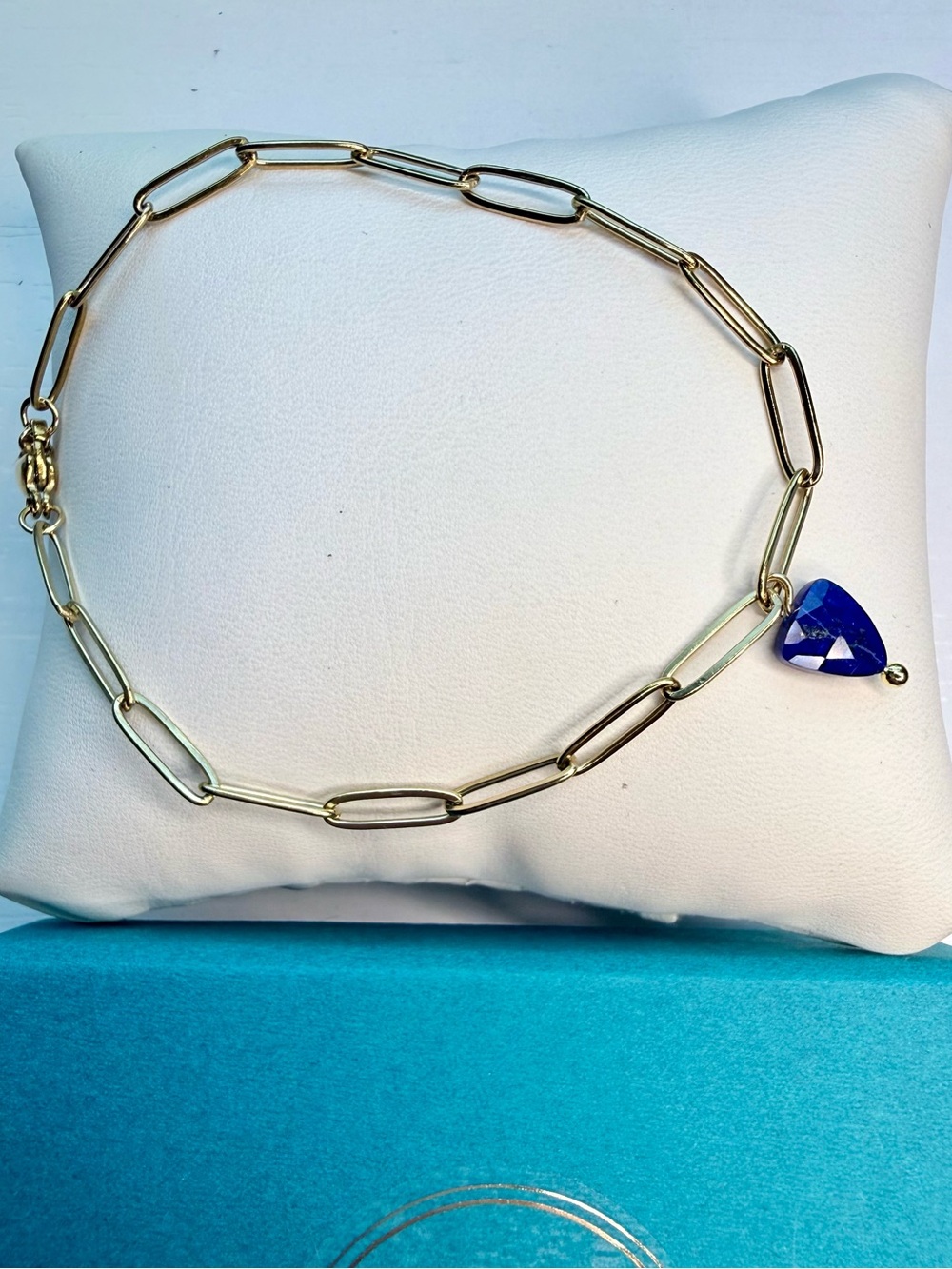 Gold Paperclip Bracelet with Lapis Charm Water Resistant